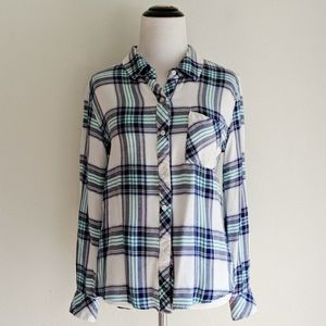White, mint, and navy rails flannel